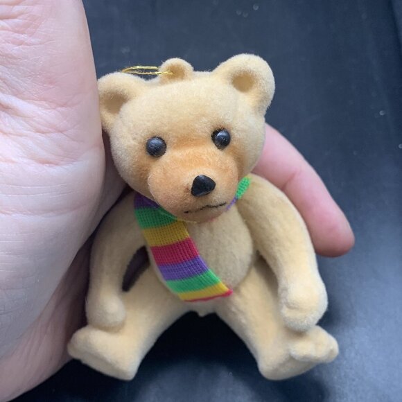 Vintage Blow Mold Flocked Teddy Bear w Rainbow Scarf Christmas Ornament - Picture 7 of 7
